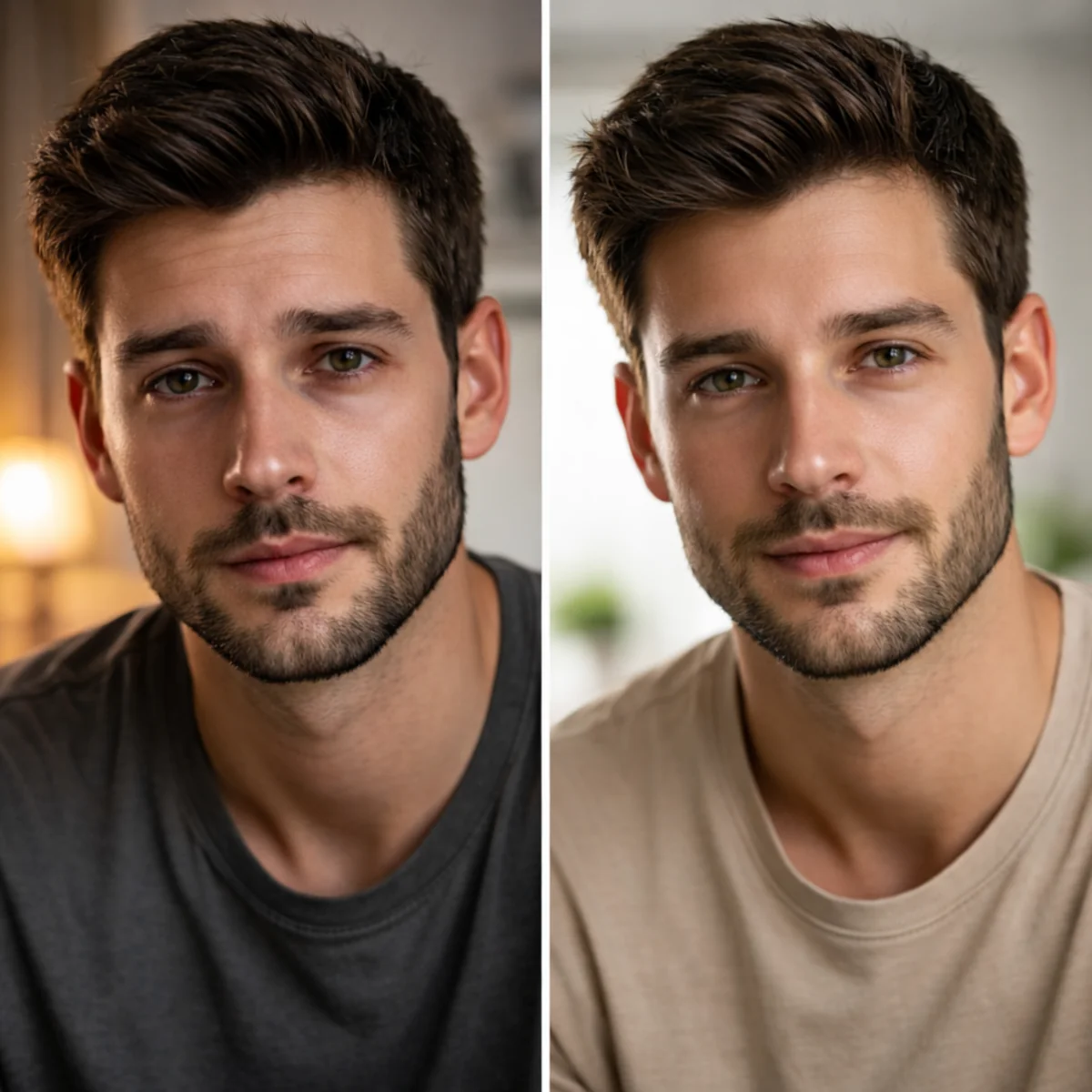 Mężczyzna przed i po tygodniu lepszego snu, porównanie cieni pod oczami, opuchlizny i napięcia skóry.