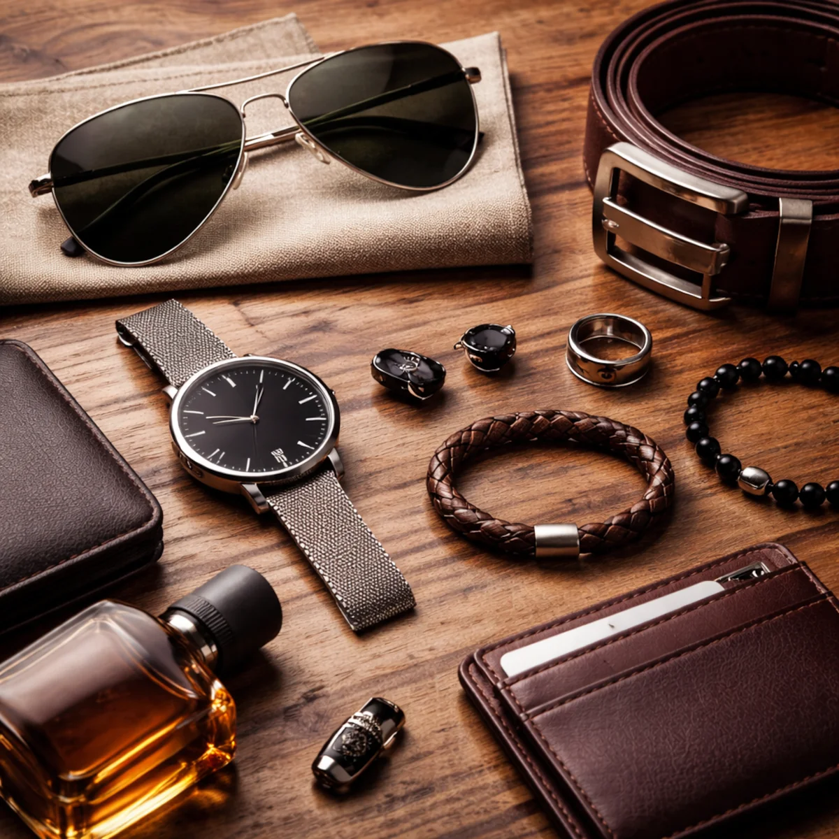 Dodatki męskie do minimalistycznych stylizacji: aviatory, zegarek, pasek i skórzany portfel