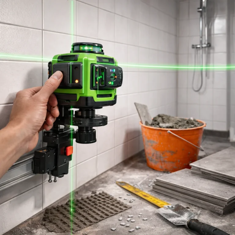 Laser krzyżowy samopoziomujący na uchwycie przy ścianie z płytek, widoczne linie i narzędzia glazurnicze
