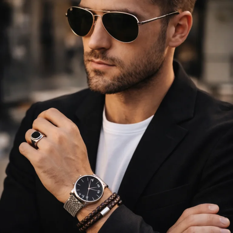 Mężczyzna w minimalistycznych dodatkach: okulary aviator, zegarek i bransoleta w eleganckiej stylizacji