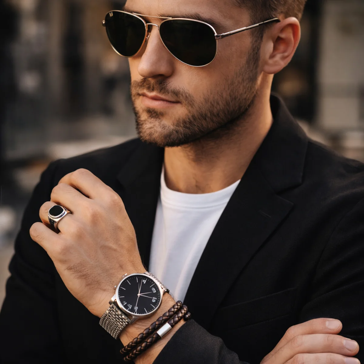 Mężczyzna w minimalistycznych dodatkach: okulary aviator, zegarek i bransoleta w eleganckiej stylizacji
