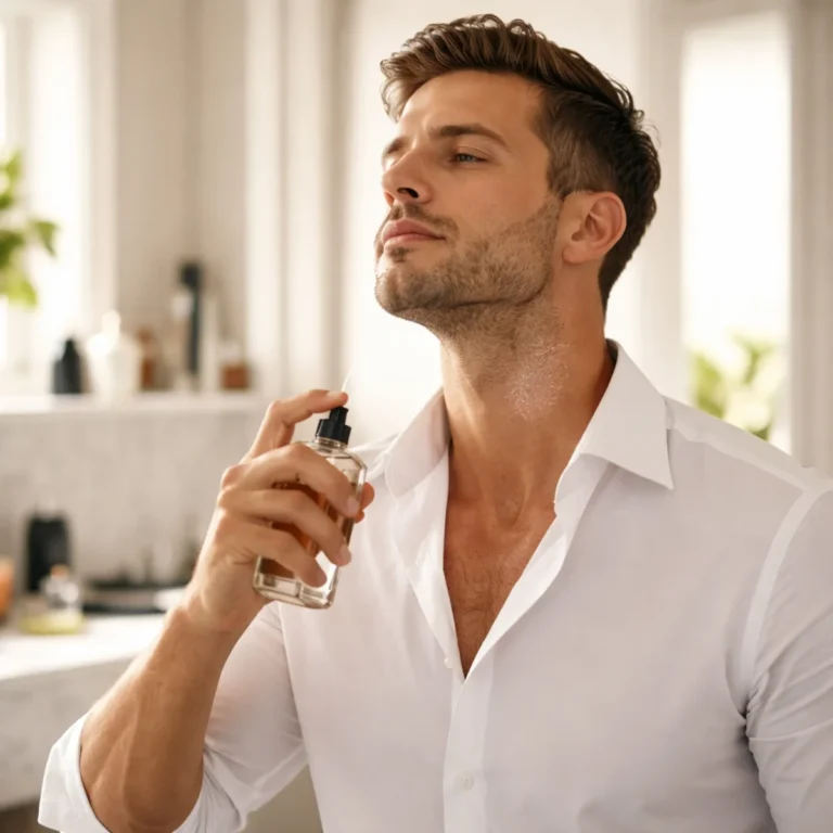 Mężczyzna aplikuje perfumy na szyję w łazience, jak dobrać zapach do pory dnia i okazji