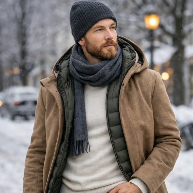 Mężczyzna w zimowych warstwach: płaszcz, cienka puchówka i szalik – jak ubierać się warstwowo zimą.