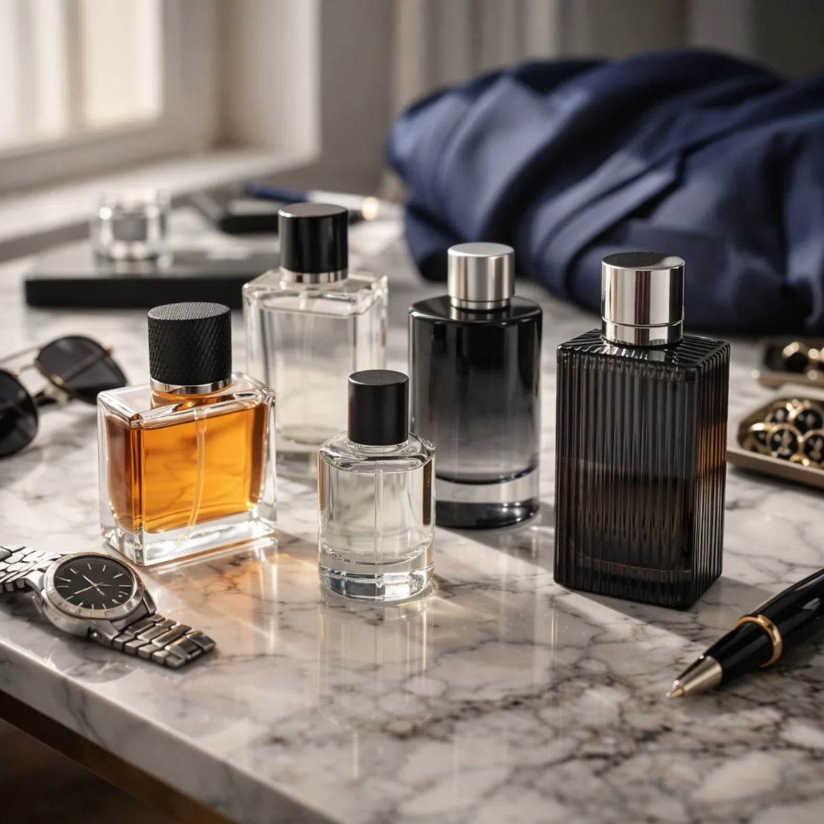 Męskie perfumy na marmurowym blacie obok zegarka i okularów, dobór zapachu do stylu i pory dnia