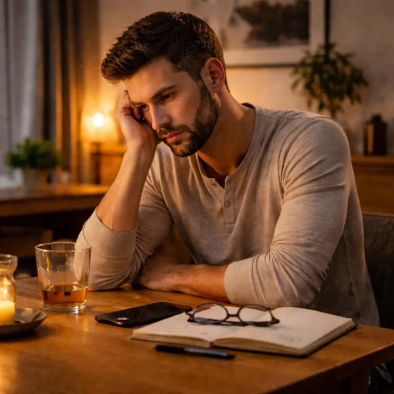 Zamyślony mężczyzna siedzi przy stole w domu, wygląda na przygnębionego, samotność w związku i brak bliskości.