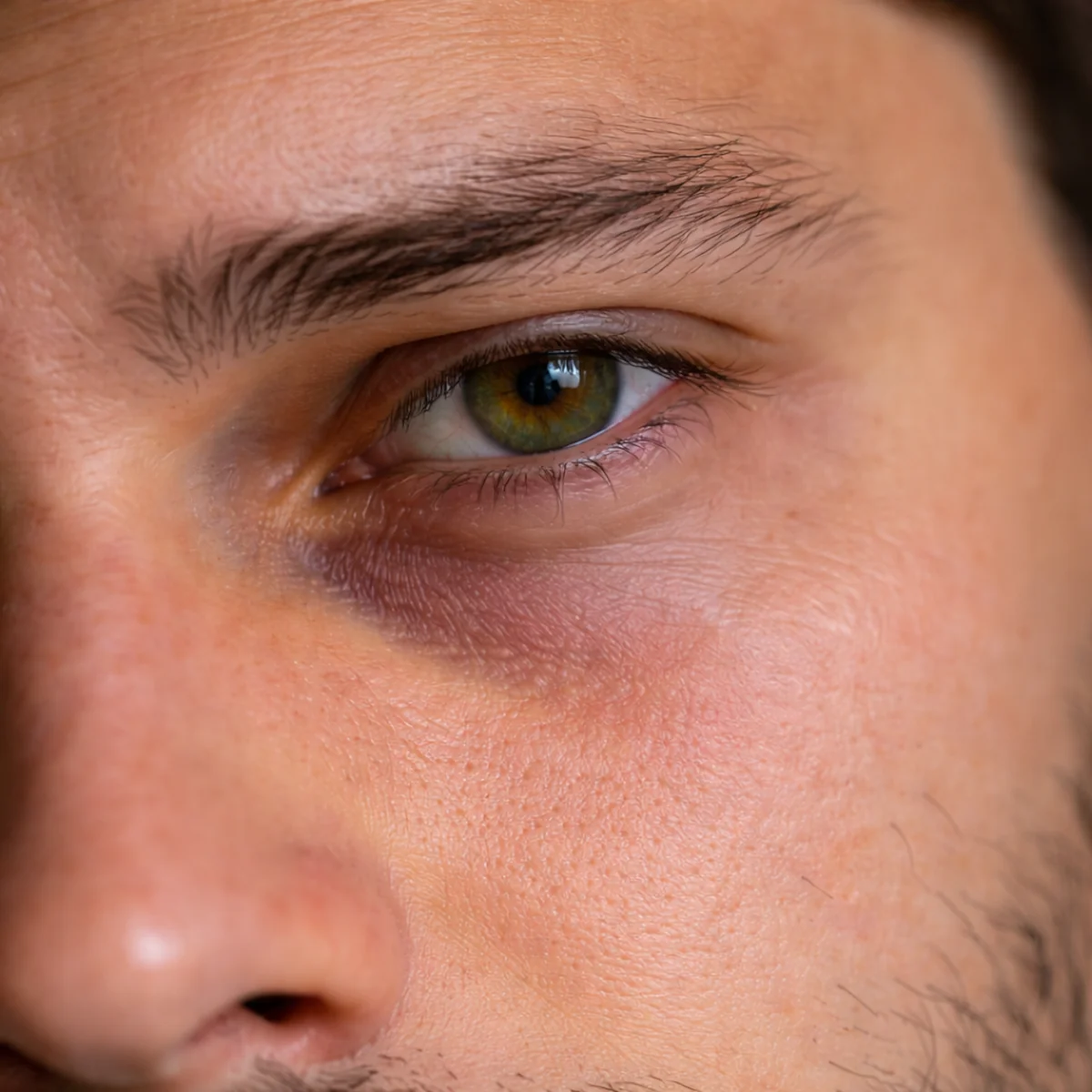 Makro zbliżenie skóry pod okiem u mężczyzny, cienie pod oczami, opuchlizna i drobne linie po niewyspaniu.