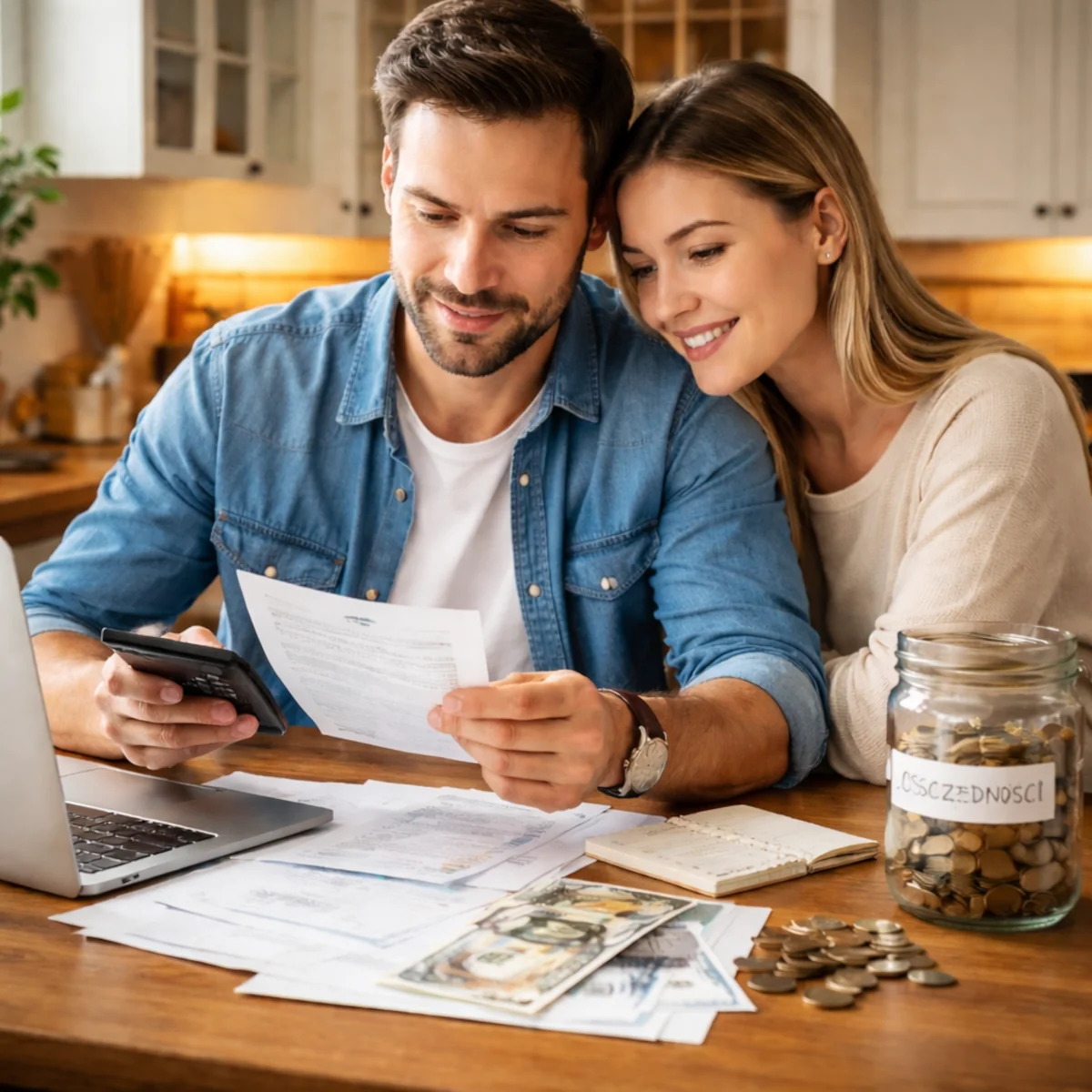 Para planuje pieniądze w związku przy kuchennym stole, rachunki, kalkulator i słoik oszczędności