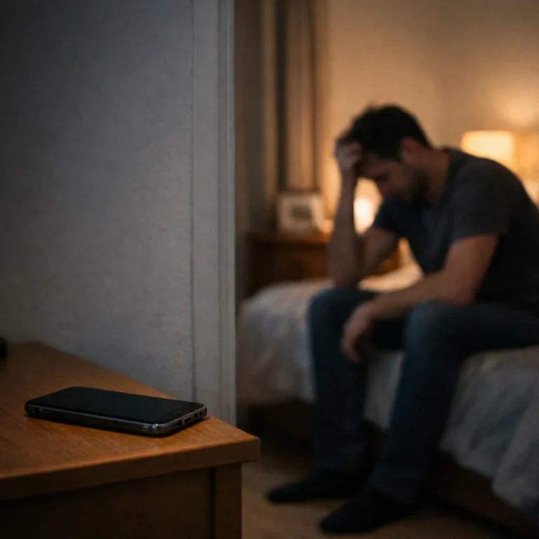 Telefon odłożony w drugim pokoju, mężczyzna siedzi na łóżku i uspokaja emocje po rozstaniu.