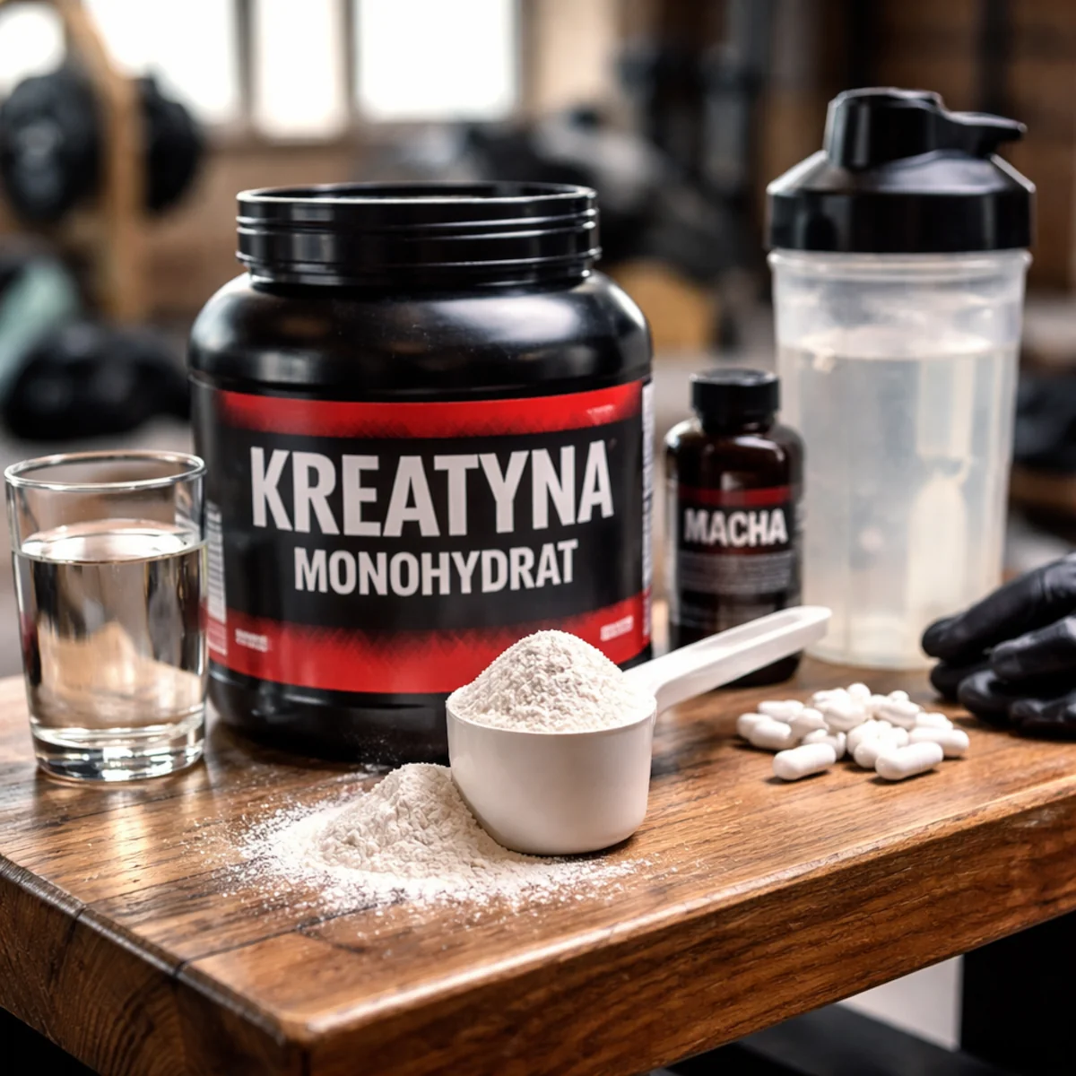 Kreatyna monohydrat, miarka z proszkiem i shaker na ławce w siłowni