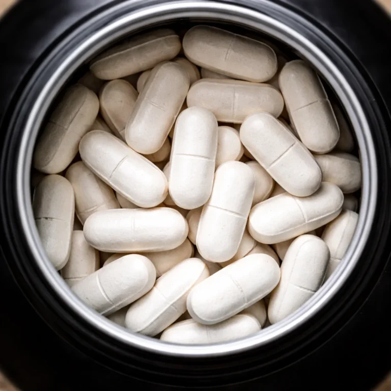 Tabletki suplementu w otwartej puszce, widok z góry