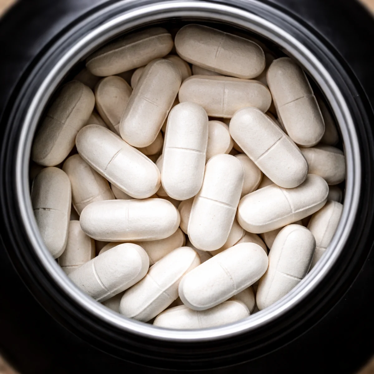 Tabletki suplementu w otwartej puszce, widok z góry