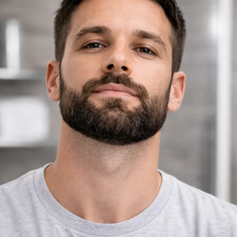 Zbliżenie na gotową brodę i czystą linię brody na szyi, mężczyzna w łazience