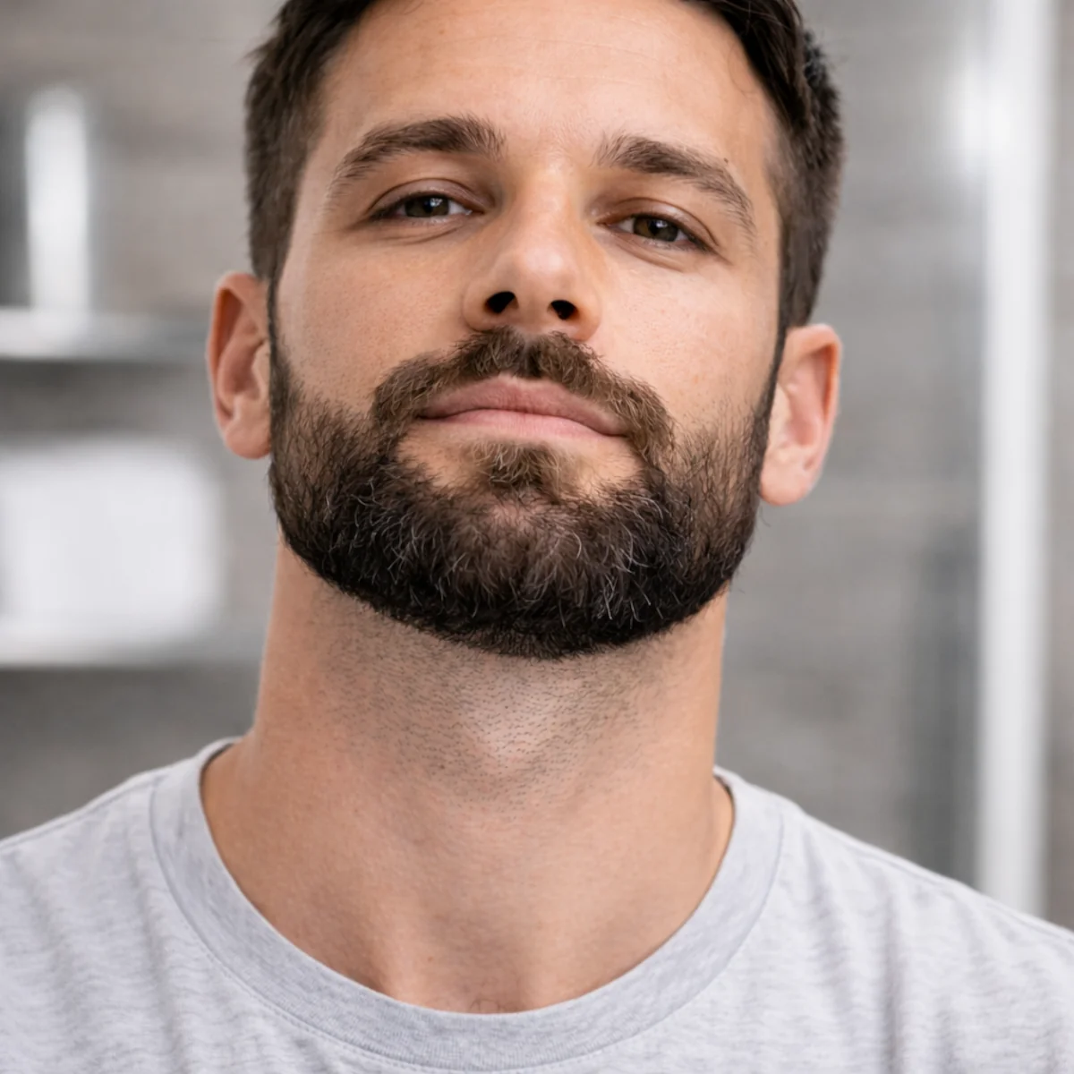 Zbliżenie na gotową brodę i czystą linię brody na szyi, mężczyzna w łazience