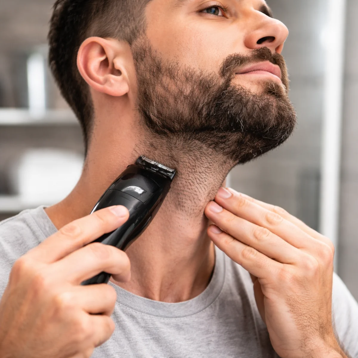 Przycinanie linii brody na szyi trymerem w łazience, zbliżenie na szyję