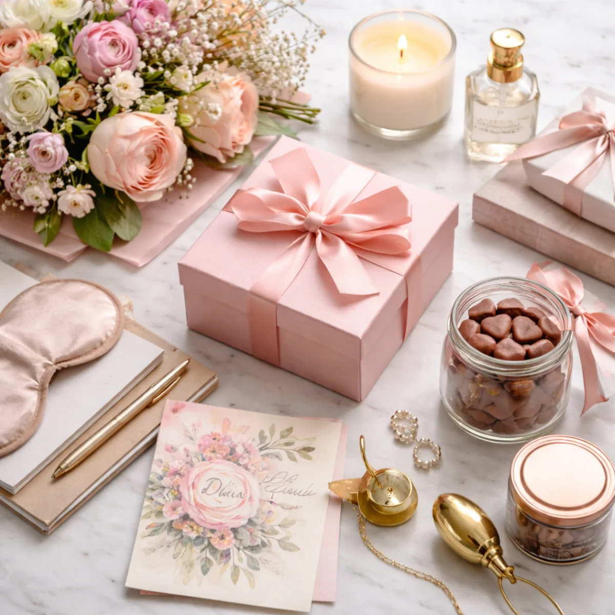 Eleganckie prezenty na dzień kobiet na marmurowym blacie, pudełko z kokardą i kwiaty