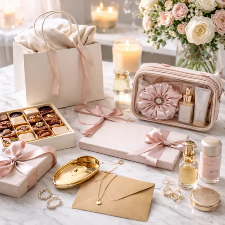 Prezenty na dzień kobiet na marmurowym blacie, upominki z kokardami, świeca i bukiet róż