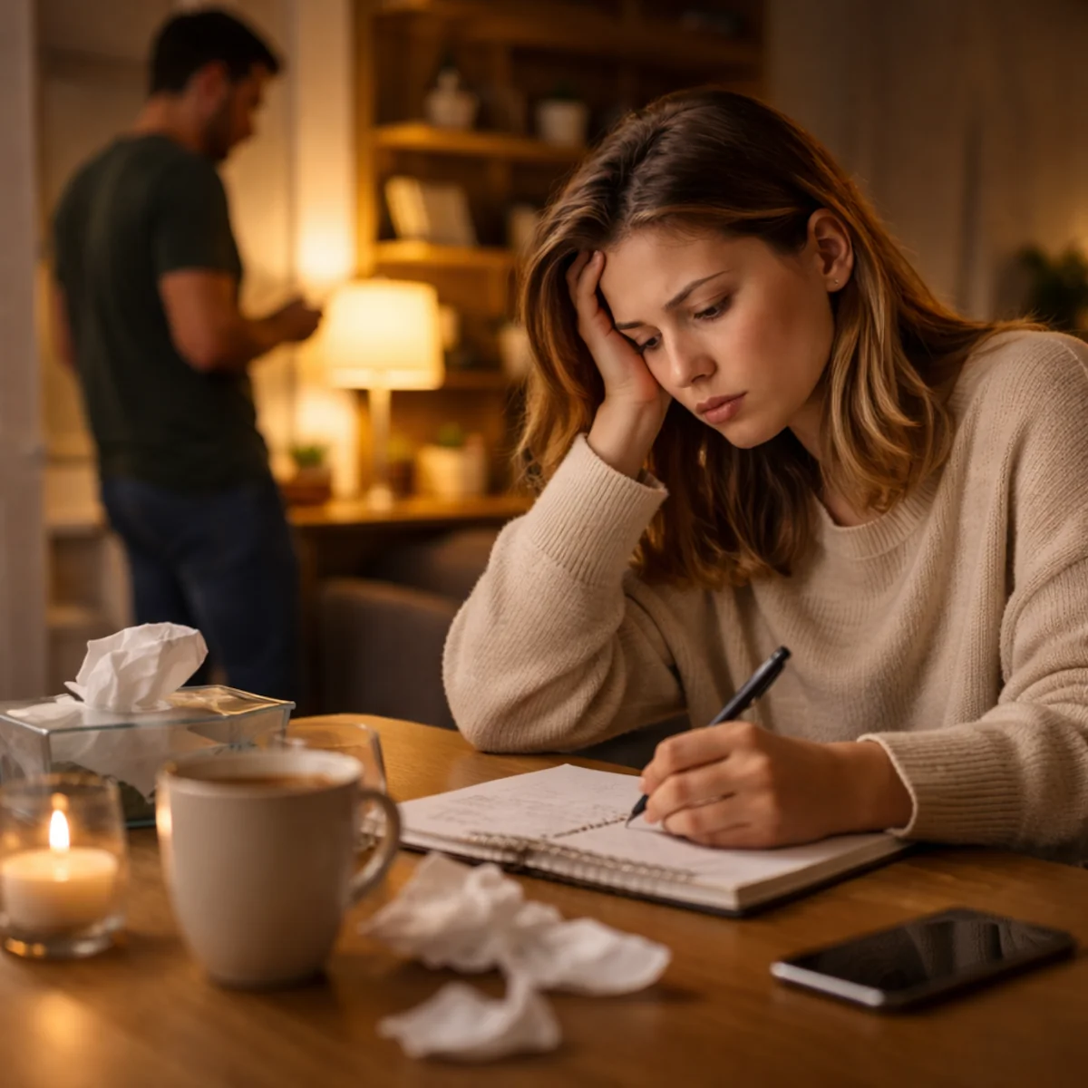 Kobieta pisze w notatniku przy stole, w tle partner z telefonem, napięta atmosfera w domu