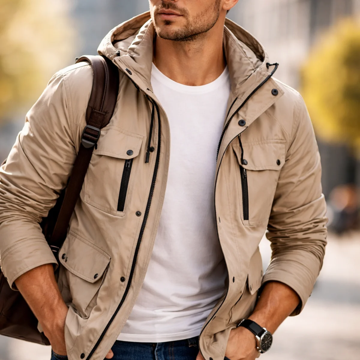 Zbliżenie na beżową kurtkę wiosenną męską z kieszeniami i suwakiem