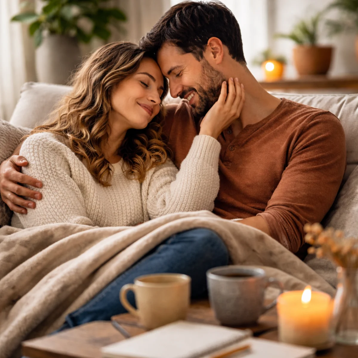 Para okazująca czułość na kanapie w salonie jako symbol bezpiecznej relacji, bliskości i zaufania w związku