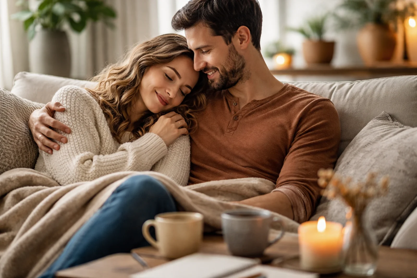 Para przytulająca się na kanapie w salonie jako symbol bezpiecznej relacji, zaufania i spokoju w związku