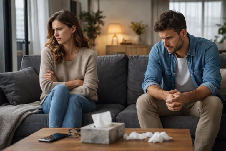 Para w napiętej atmosferze siedzi osobno na kanapie w salonie podczas kryzysu w długim związku