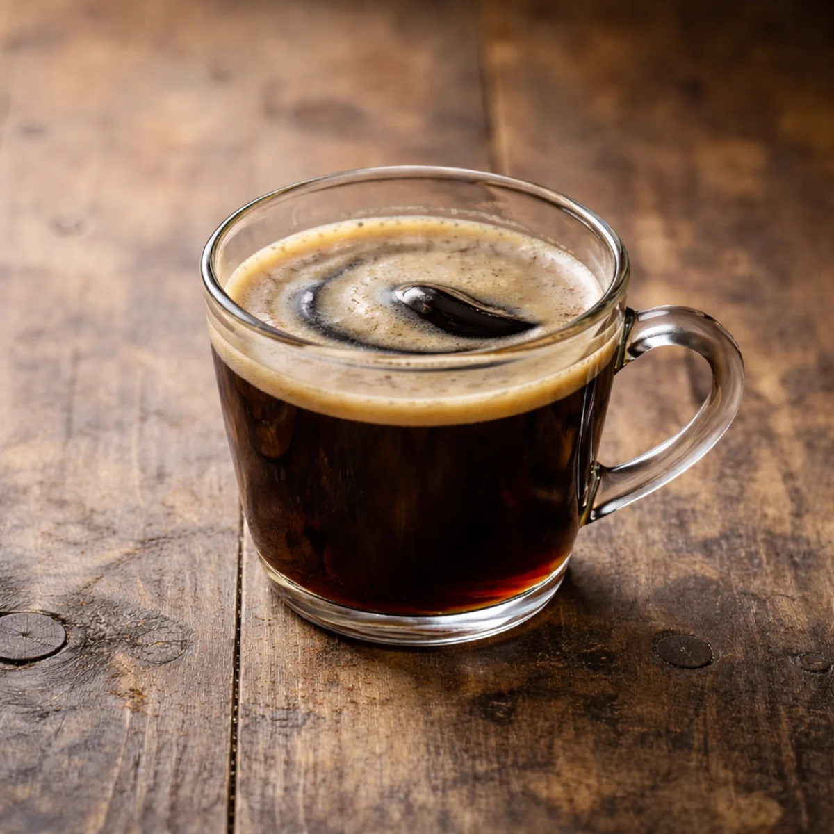 Filiżanka czarnej kawy z pianką na drewnianym stole, minimalistyczne ujęcie do tematu zamienników kawy