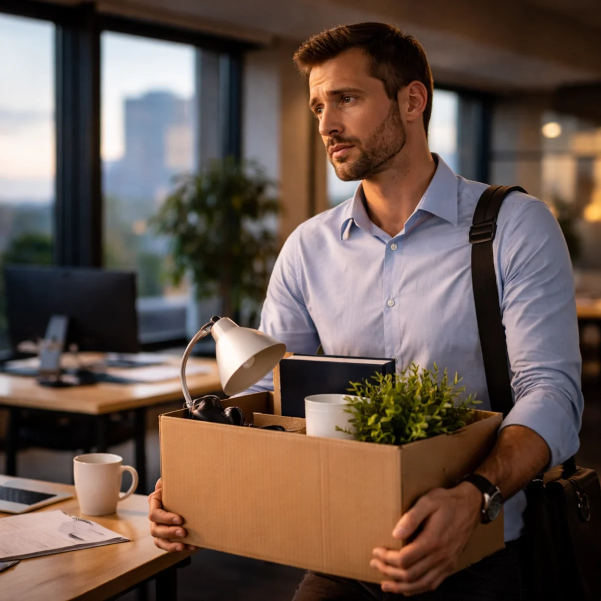 Mężczyzna z kartonem opuszcza biuro po decyzji o zmianie pracy