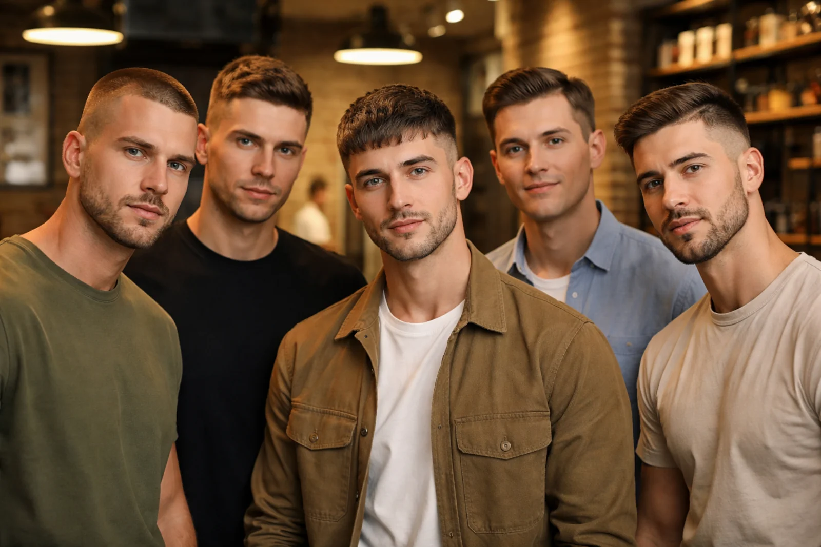 Mężczyzna z krótką fryzurą French crop w barber shopie, zbliżenie na teksturę włosów i cieniowane boki