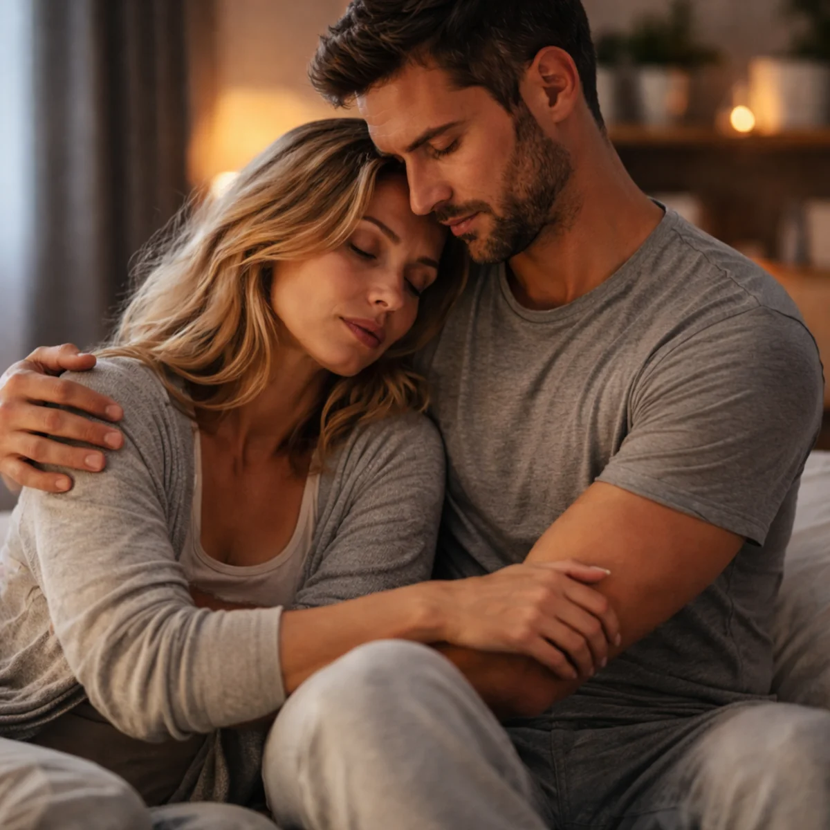 Para w czułym przytuleniu na łóżku w sypialni, zdjęcie pokazuje bliskość, intymność po latach i odbudowę relacji.