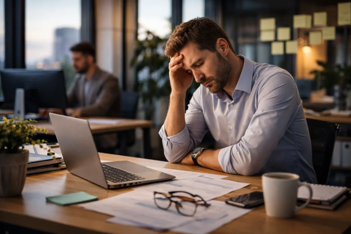 Zmęczony mężczyzna siedzi przy biurku w biurze i zastanawia się, kiedy zmienić pracę