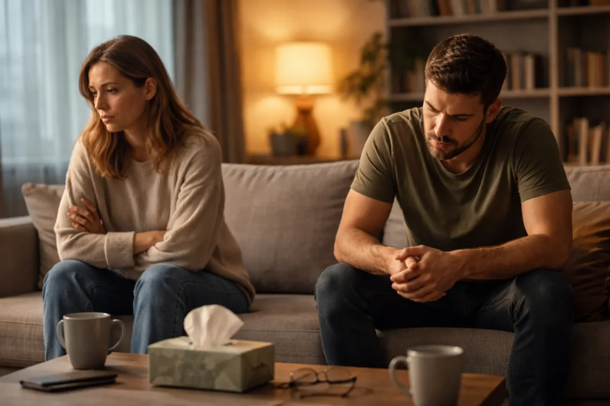 Para siedząca na kanapie po kłótni w związku, napięta atmosfera w salonie