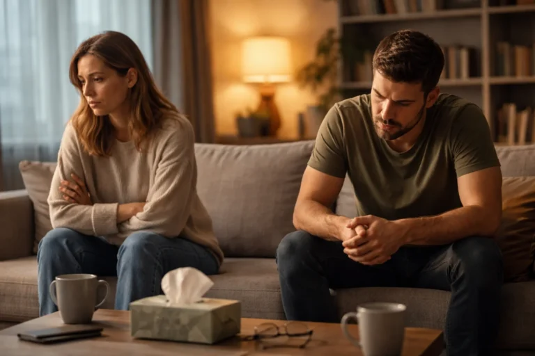 Para siedząca na kanapie po kłótni w związku, napięta atmosfera w salonie