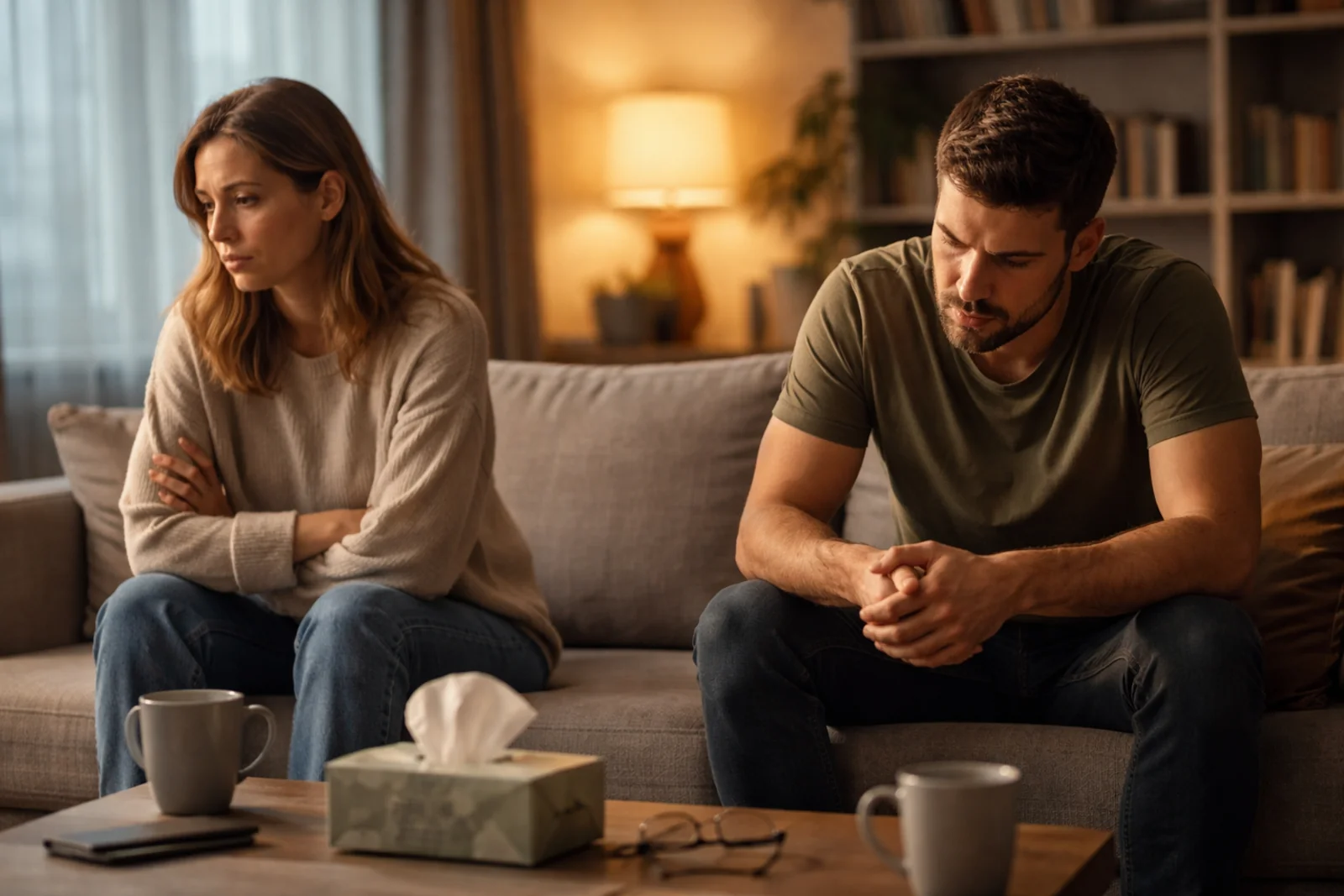 Para siedząca na kanapie po kłótni w związku, napięta atmosfera w salonie