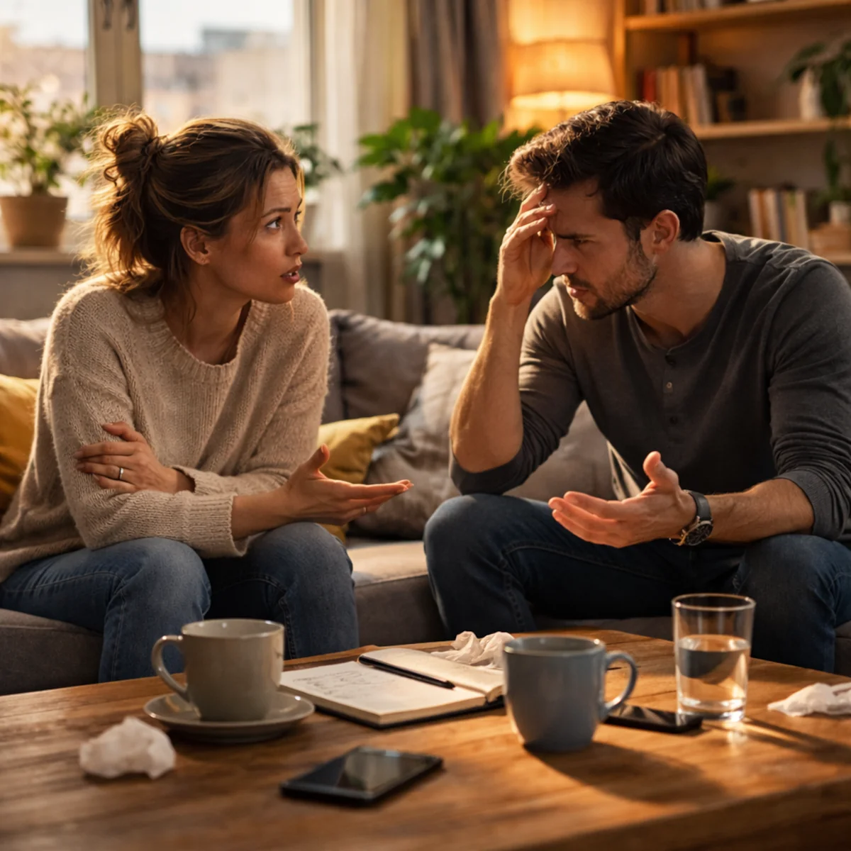 Para podczas trudnej rozmowy po kłótni w związku siedzi naprzeciw siebie w salonie