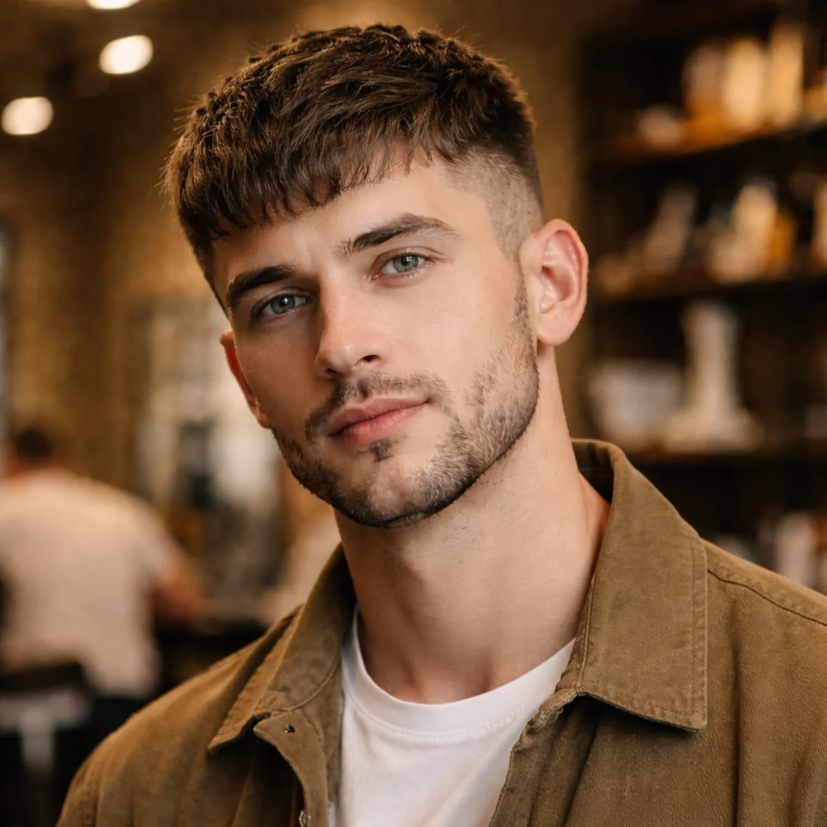 Zbliżenie na krótką męską fryzurę z teksturą i fade, praktyczna fryzura barberska na 2026 rok