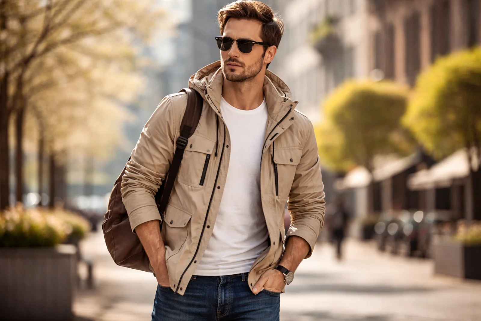 Mężczyzna w beżowej kurtce wiosennej na ulicy miasta w słoneczny dzień