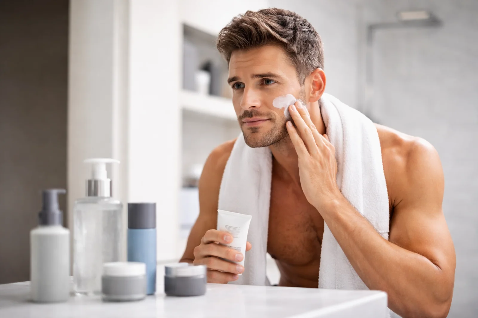 Mężczyzna w łazience nakłada krem na twarz podczas porannej pielęgnacji skóry
