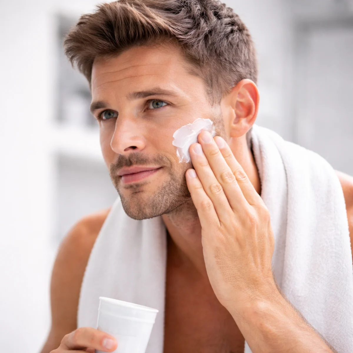 Zbliżenie na twarz mężczyzny nakładającego krem pielęgnacyjny na policzek