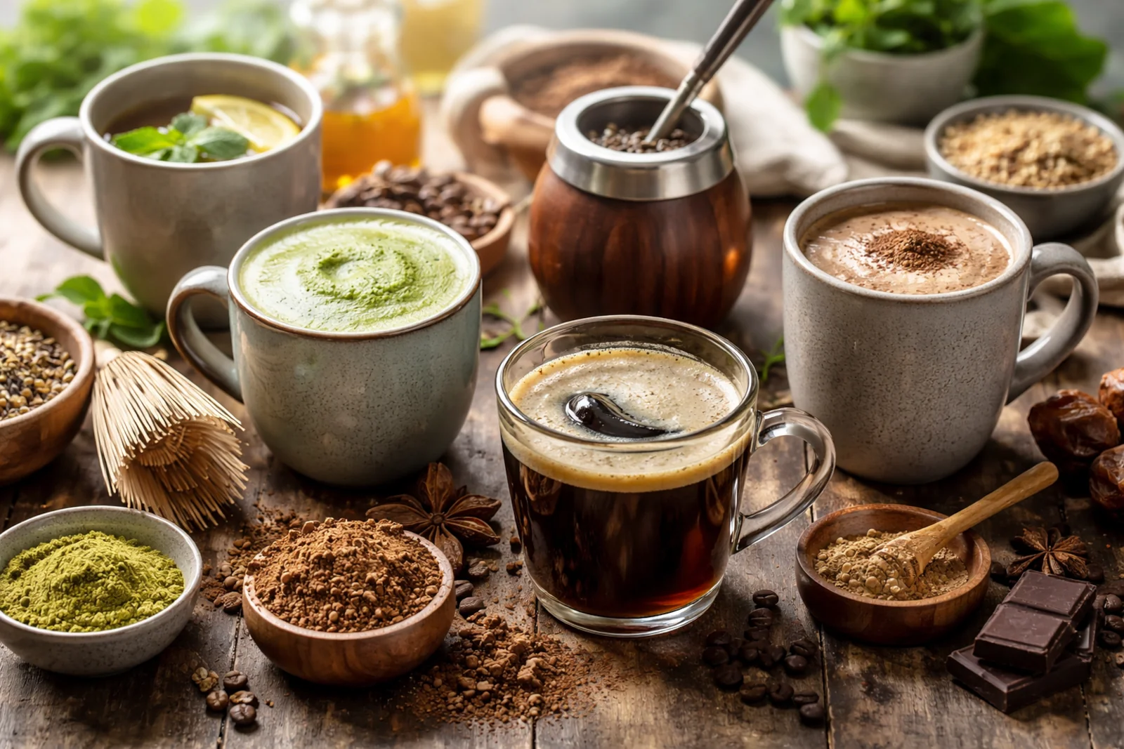 Skuteczne zamienniki kawy na stole: matcha, yerba mate, herbata i napoje z cykorii w naturalnym świetle