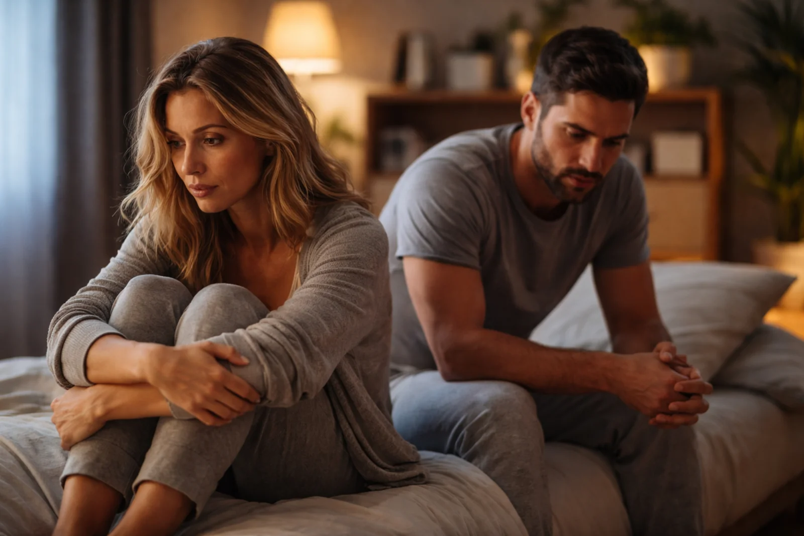 Para siedzi na łóżku w sypialni i wygląda na zamyśloną, zdjęcie ilustruje temat spadku libido w związku i kryzysu bliskości.