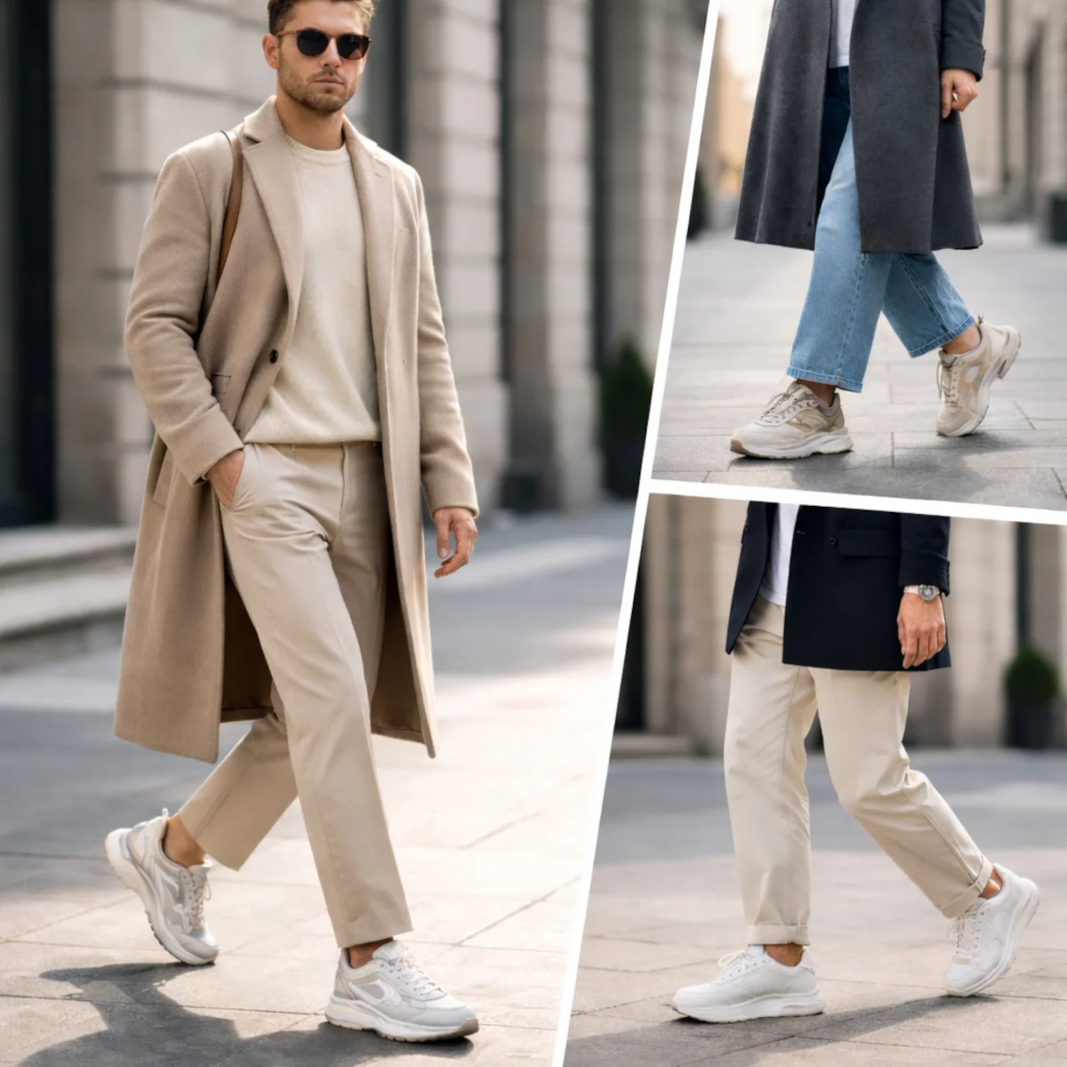 Męska stylizacja z płaszczem i sneakersami do wszystkiego, proporcje sylwetki i długość nogawek