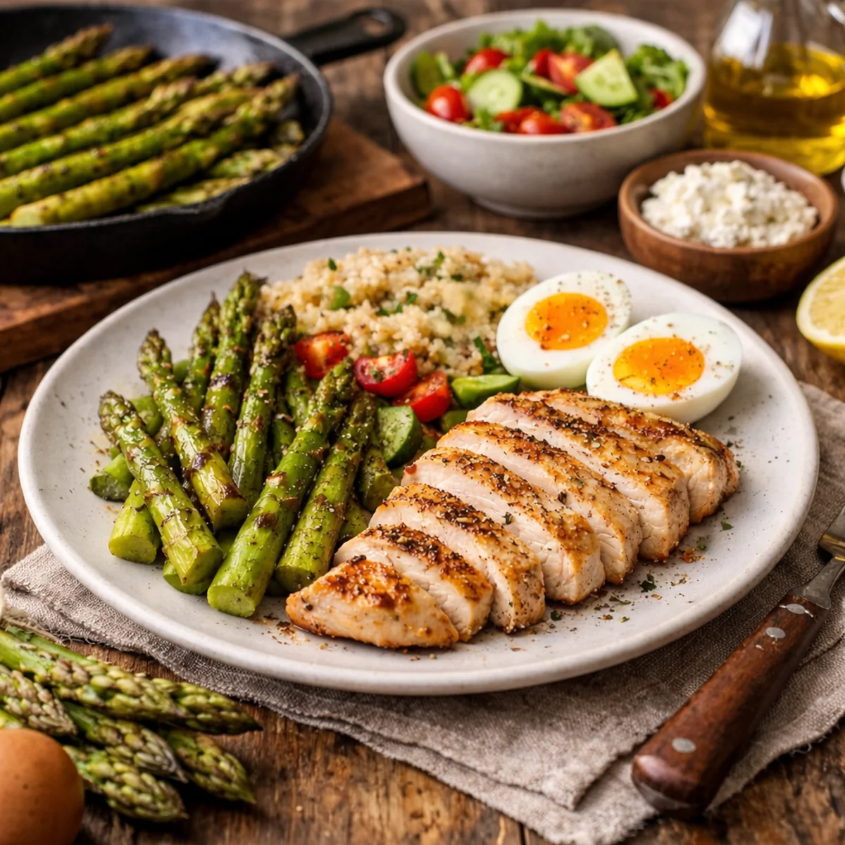 Białkowy obiad ze szparagami na redukcji: grillowany kurczak, jajka i dodatki na talerzu.