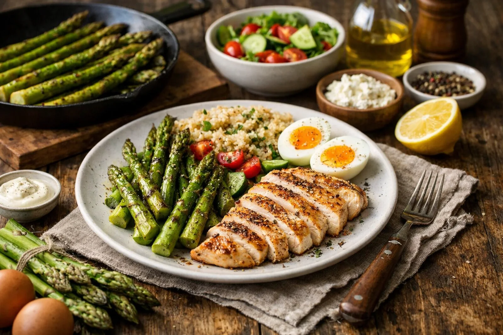 Szparagi na redukcji na talerzu z kurczakiem i jajkami, wiosenny białkowy obiad w zbliżeniu.