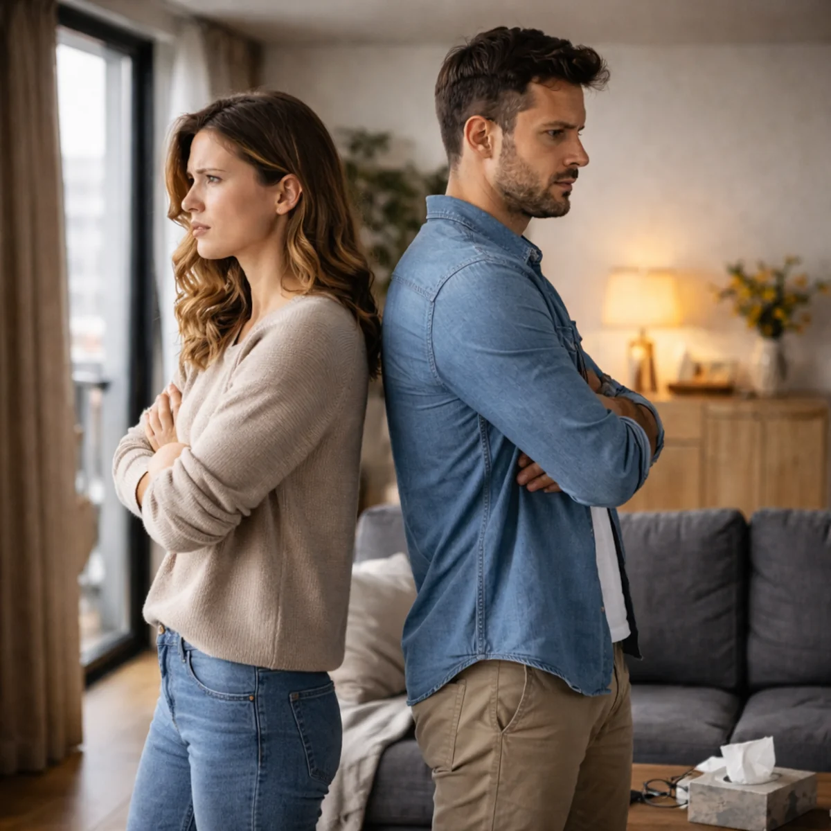 Kobieta i mężczyzna stoją w salonie plecami do siebie po kłótni w długoterminowej relacji