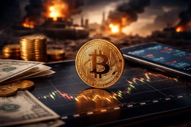 Bitcoin na tle wykresu notowań i dolarów, z płonącym krajobrazem w tle, symbolizuje wpływ wojny na kurs kryptowaluty.