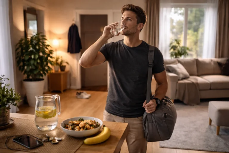 Mężczyzna po pracy pije wodę w domu i przygotowuje się do wieczornej regeneracji