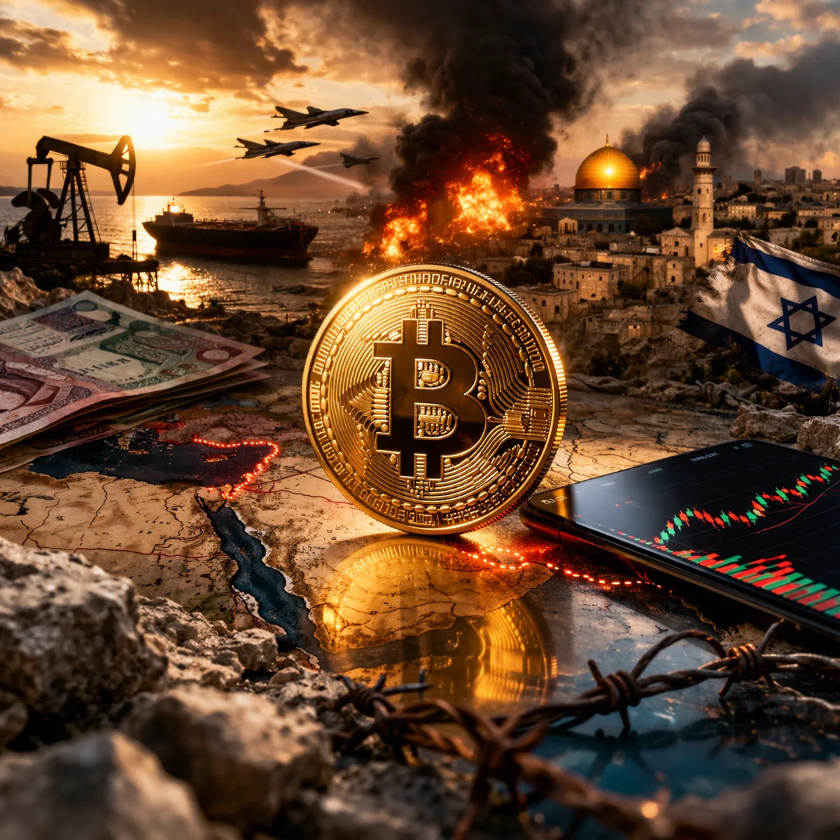 Moneta bitcoin na tle wojny, dymu i flag Izraela oraz Iranu pokazuje wpływ konfliktu na rynek kryptowalut.