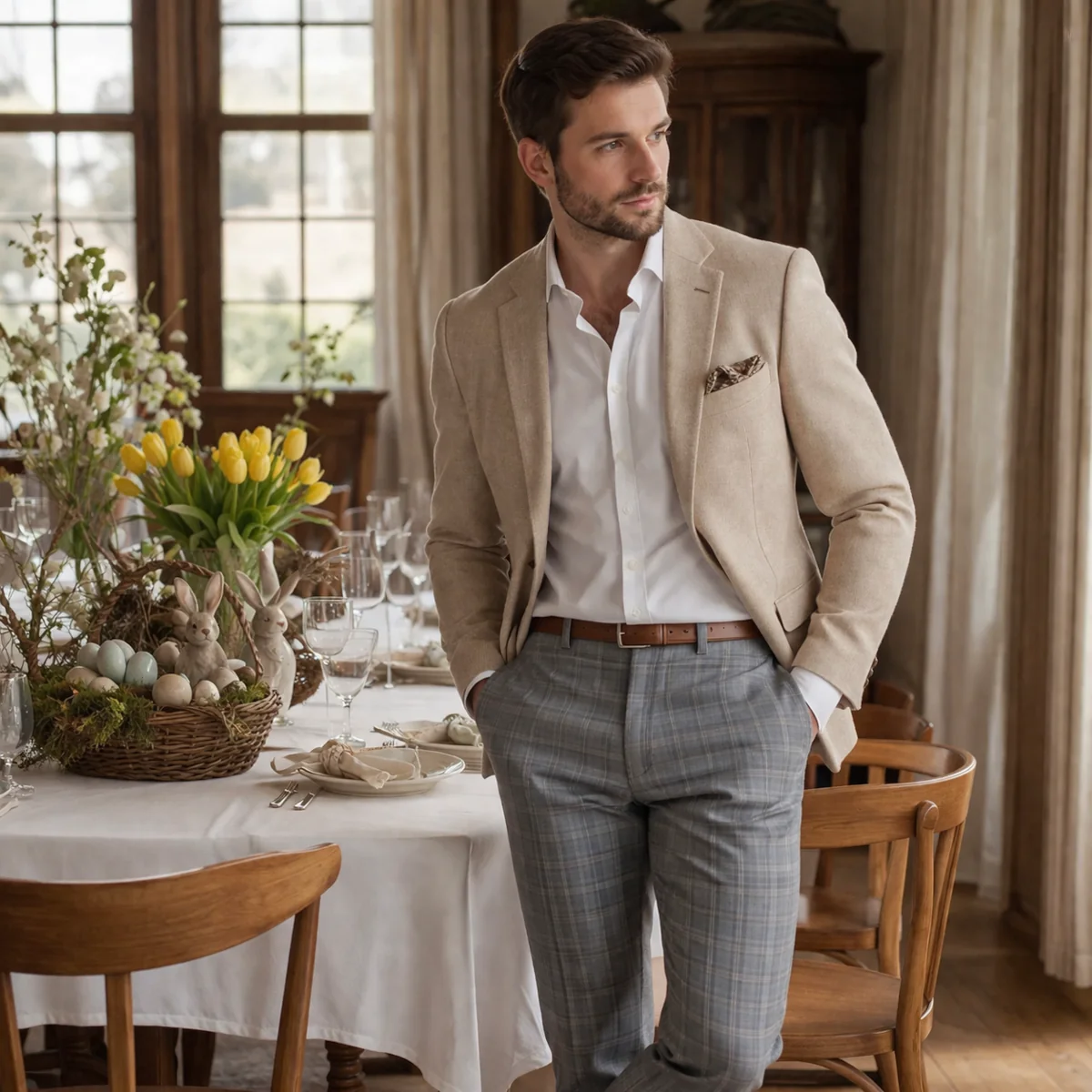 Mężczyzna w jasnej marynarce i eleganckich spodniach stoi przy stole wielkanocnym w domu
