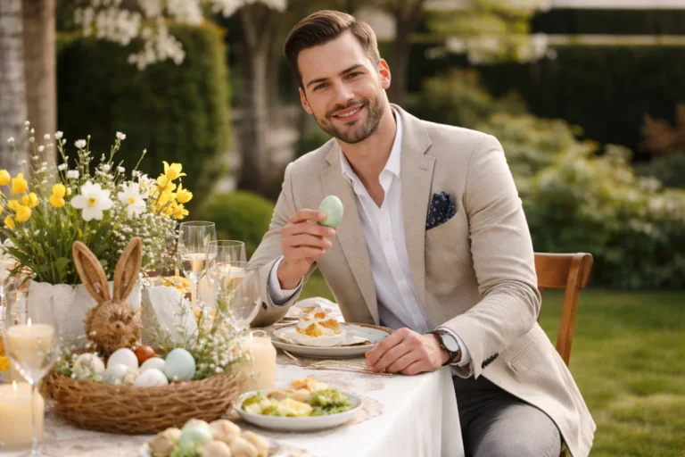 Mężczyzna siedzi przy stole wielkanocnym i trzyma pisankę, ubrany elegancko i lekko na święta