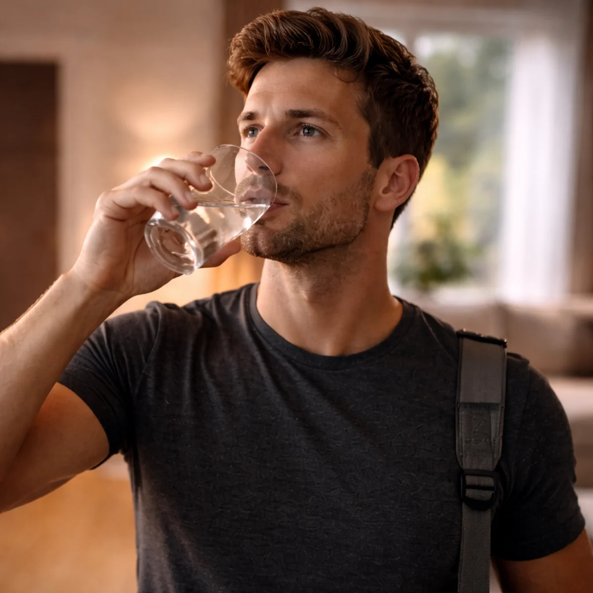 Zbliżenie na twarz mężczyzny pijącego wodę po pracy w domu